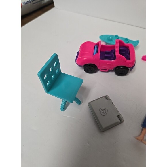 POLLY POCKET LOT WITH DOLL, CAR,  SKATEBOARD, OUTFITS, CHAIR, & LAPTOP - Picture 2 of 5
